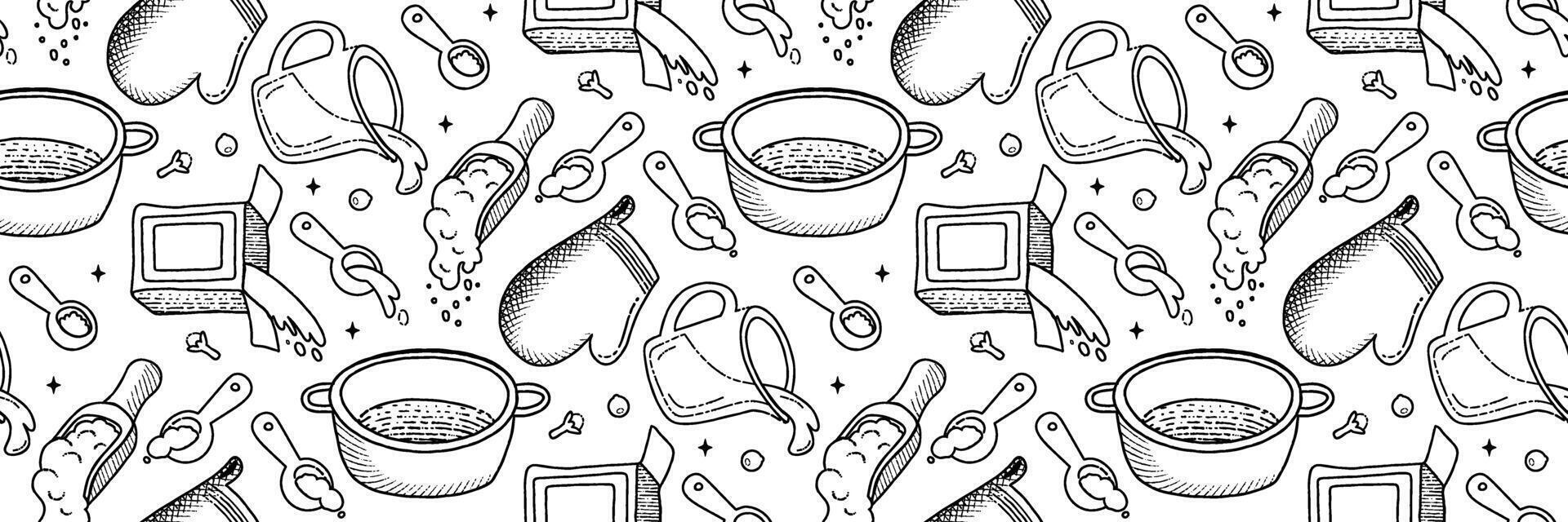 Kitchenware and Cook ingredients outline Pattern. Food icons and elements. Cookbook cute home menu. Pattern for background, printing on wrapping paper, wallpaper or fabric. Cartoon vector illustration