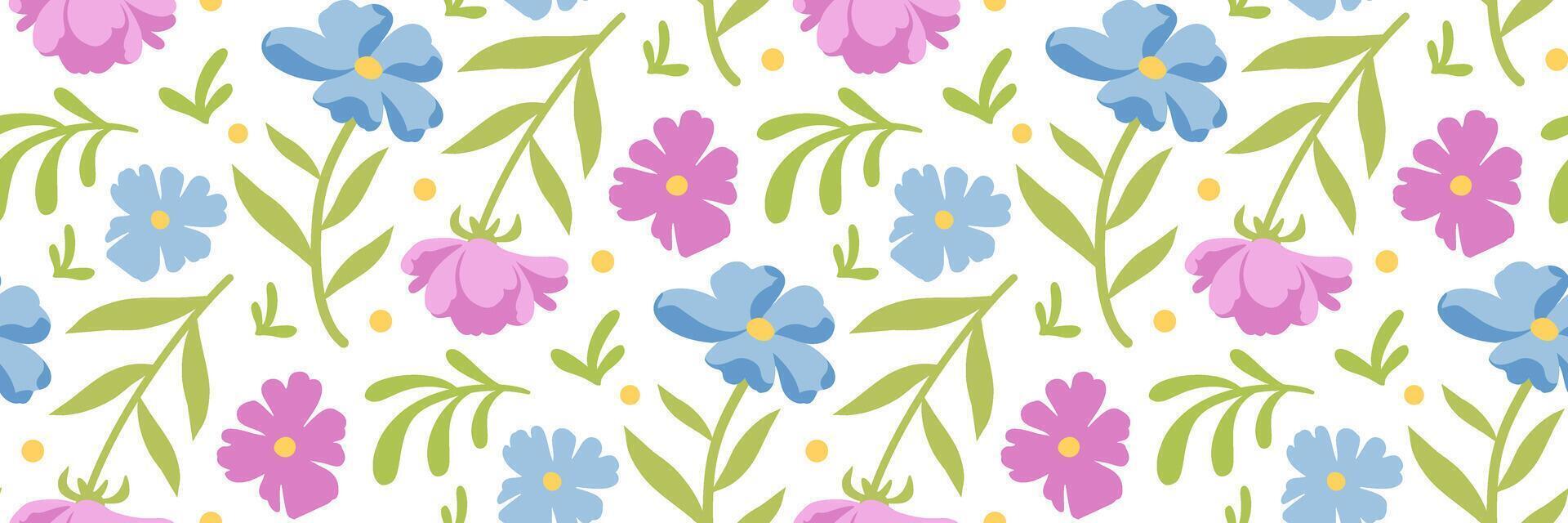 primavera flores modelo. floral impresión. azul y rosado pequeño flores y hojas. botánico antecedentes para invitación, bodas, textiles, fondos de pantalla, envase papel, embalaje. vector plano ilustración.