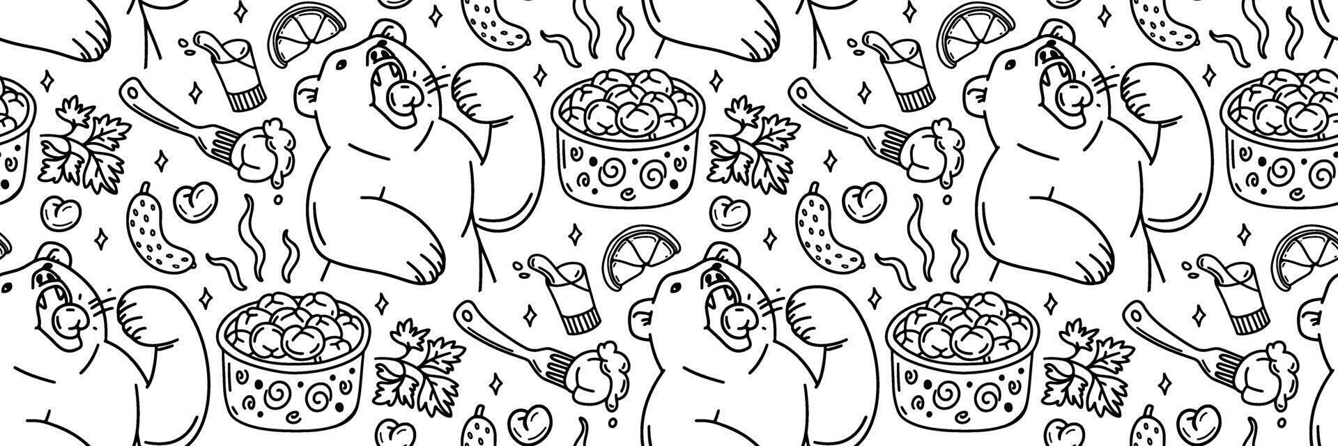 Meat dumplings outline pattern. Dough and meat products background. Bear eats pelmeni and sour cream, parsley, vodka, cucumber. For market, textile wallpaper, brand. Doodle trendy vector illustration.