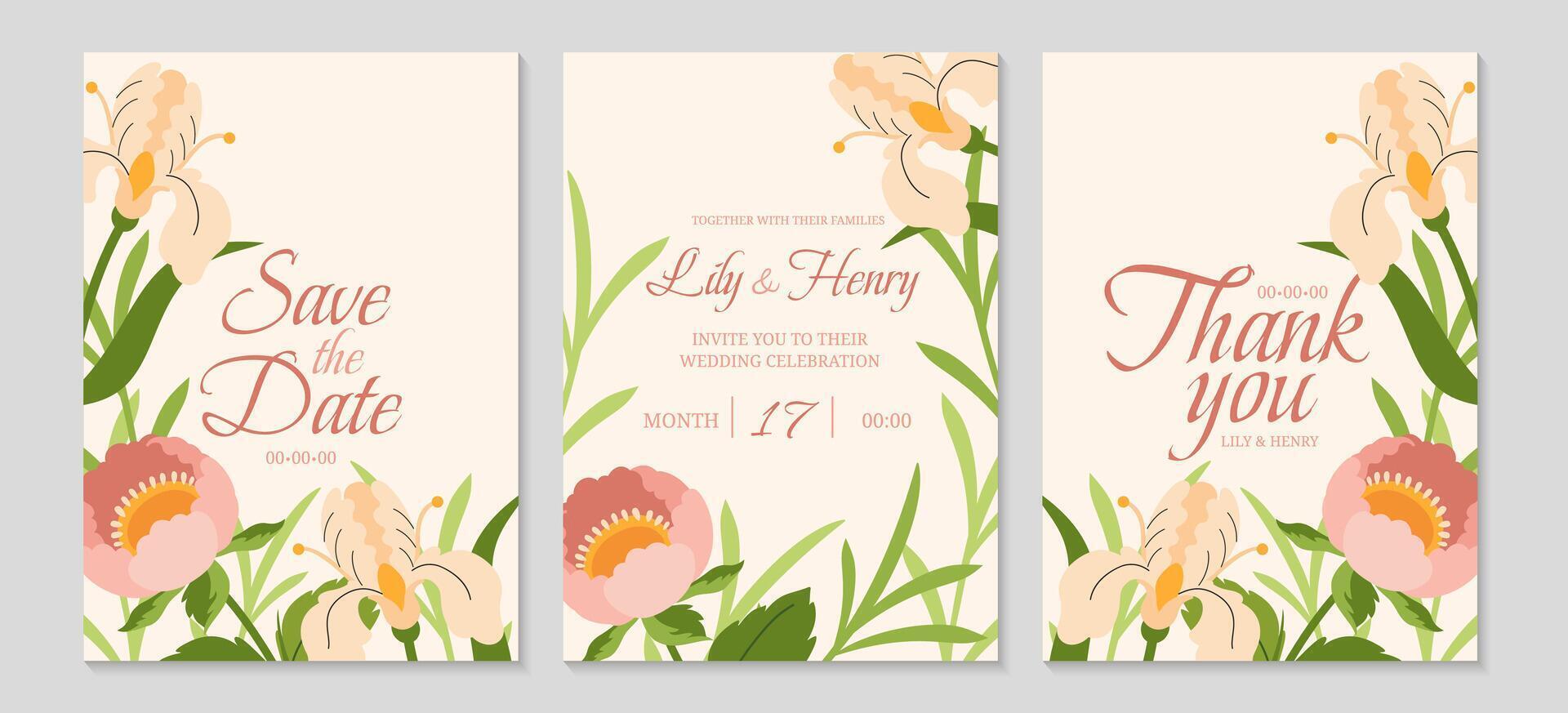 Elegant floral wedding invitation. Flowers of delicate irises and peony close-up. Spring vertical text templates. Festive Background for greeting cards. Pastel color wedding. Vector illustration.