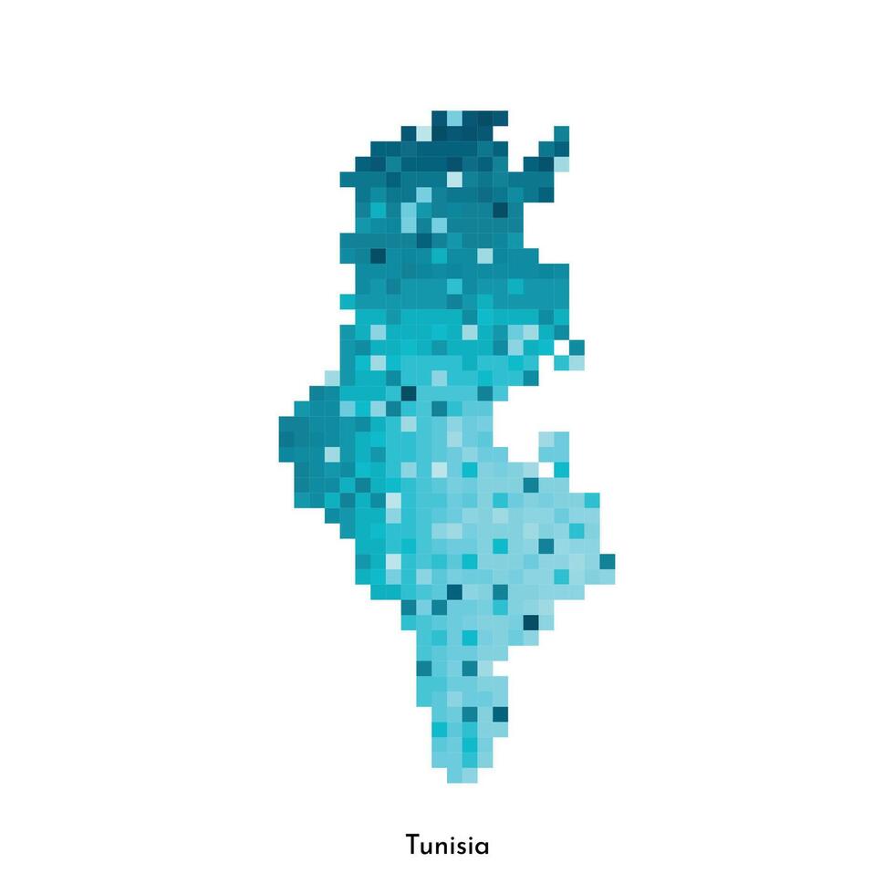 Vector isolated geometric illustration with simple icy blue shape of Tunisia map. Pixel art style for NFT template. Dotted logo with gradient texture for design on white background