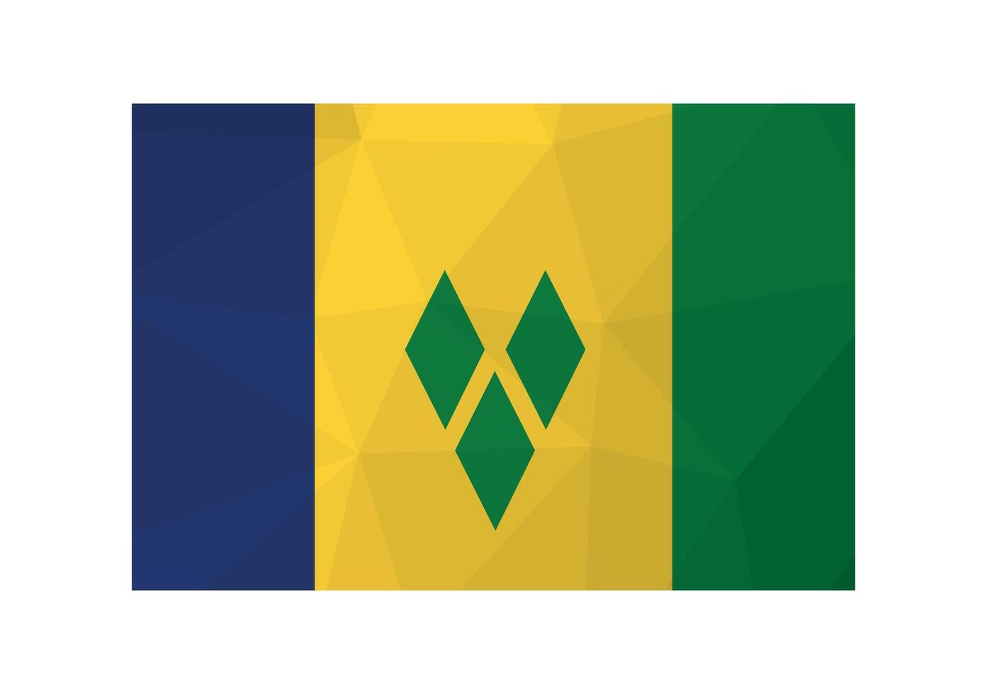 Vector illustration. Official symbol of Saint Vincent and the Grenadines. National flag in blue, yellow, green colors. Creative design in low poly style with triangular shapes