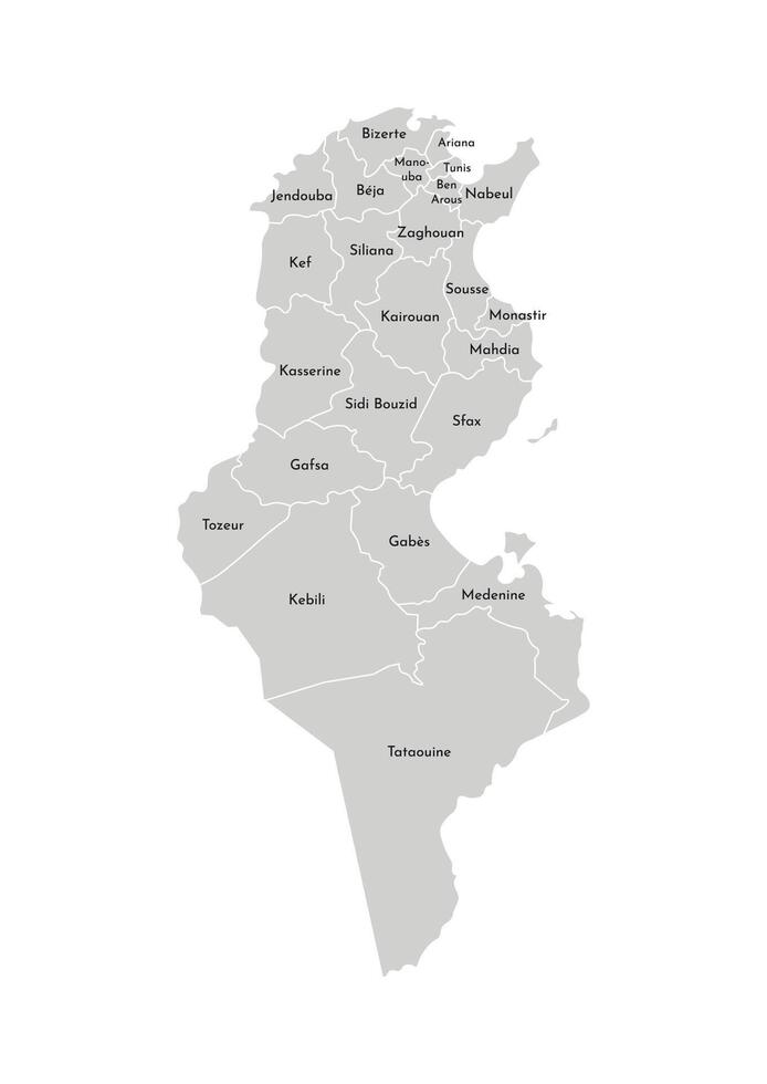 Vector isolated illustration of simplified administrative map of Tunisia. Borders and names of the governorates, regions. Grey silhouettes. White outline