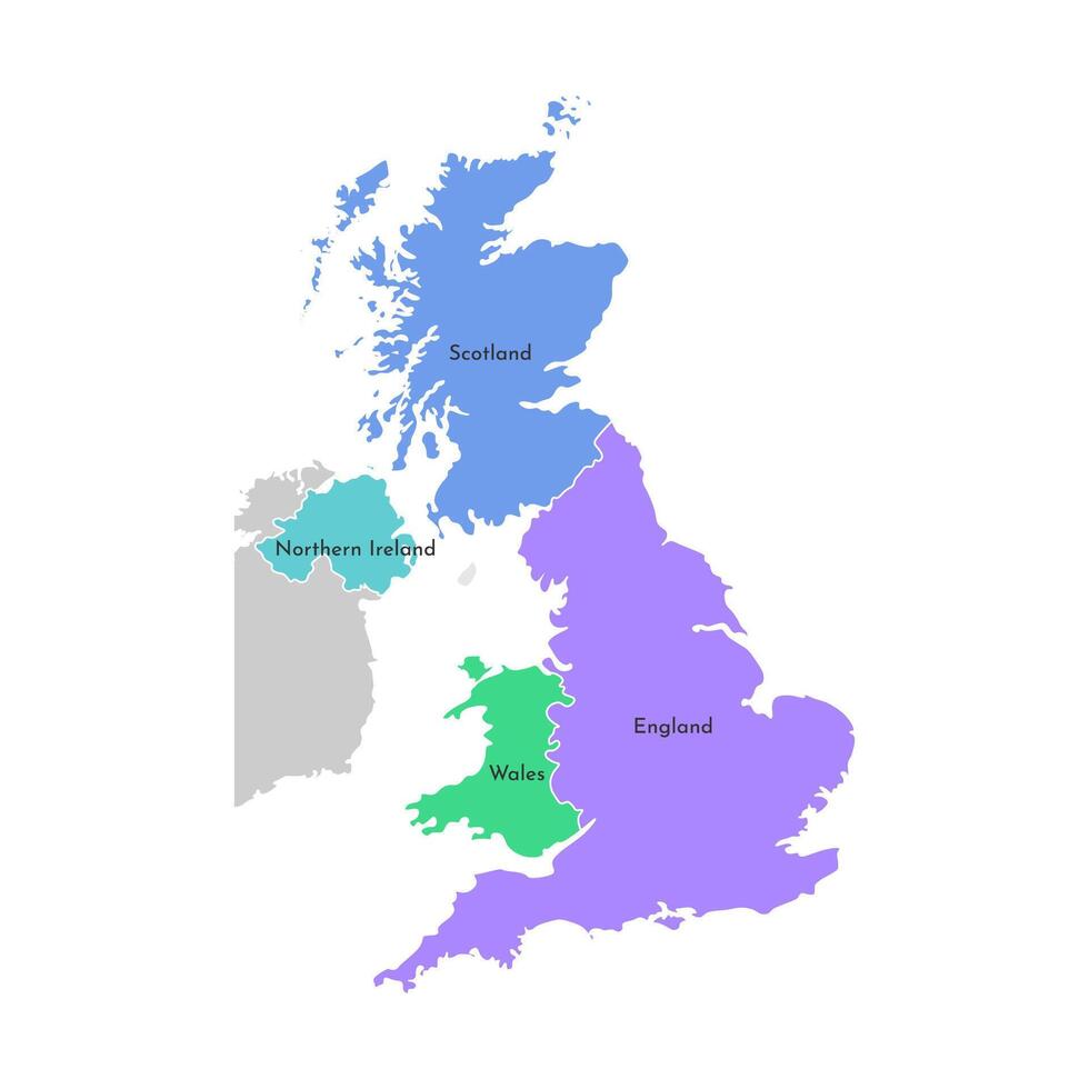 Colorful vector isolated simplified map. Grey silhouette of the UK provinces. Border of administrative division Scotland, Wales, England, Northern Ireland. White background
