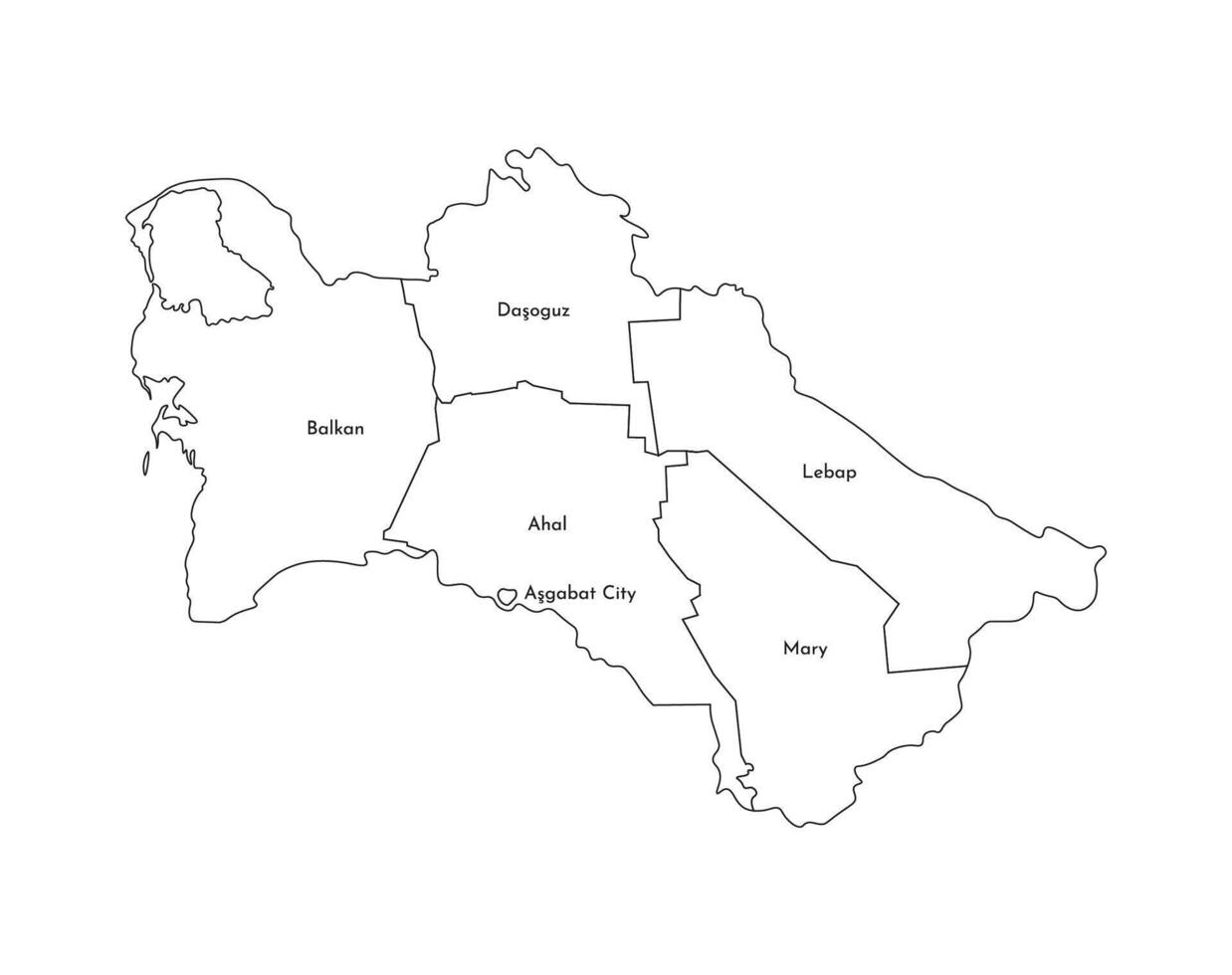 vector aislado ilustración de simplificado administrativo mapa de turkmenistán fronteras y nombres de el distritos, regiones. negro línea siluetas