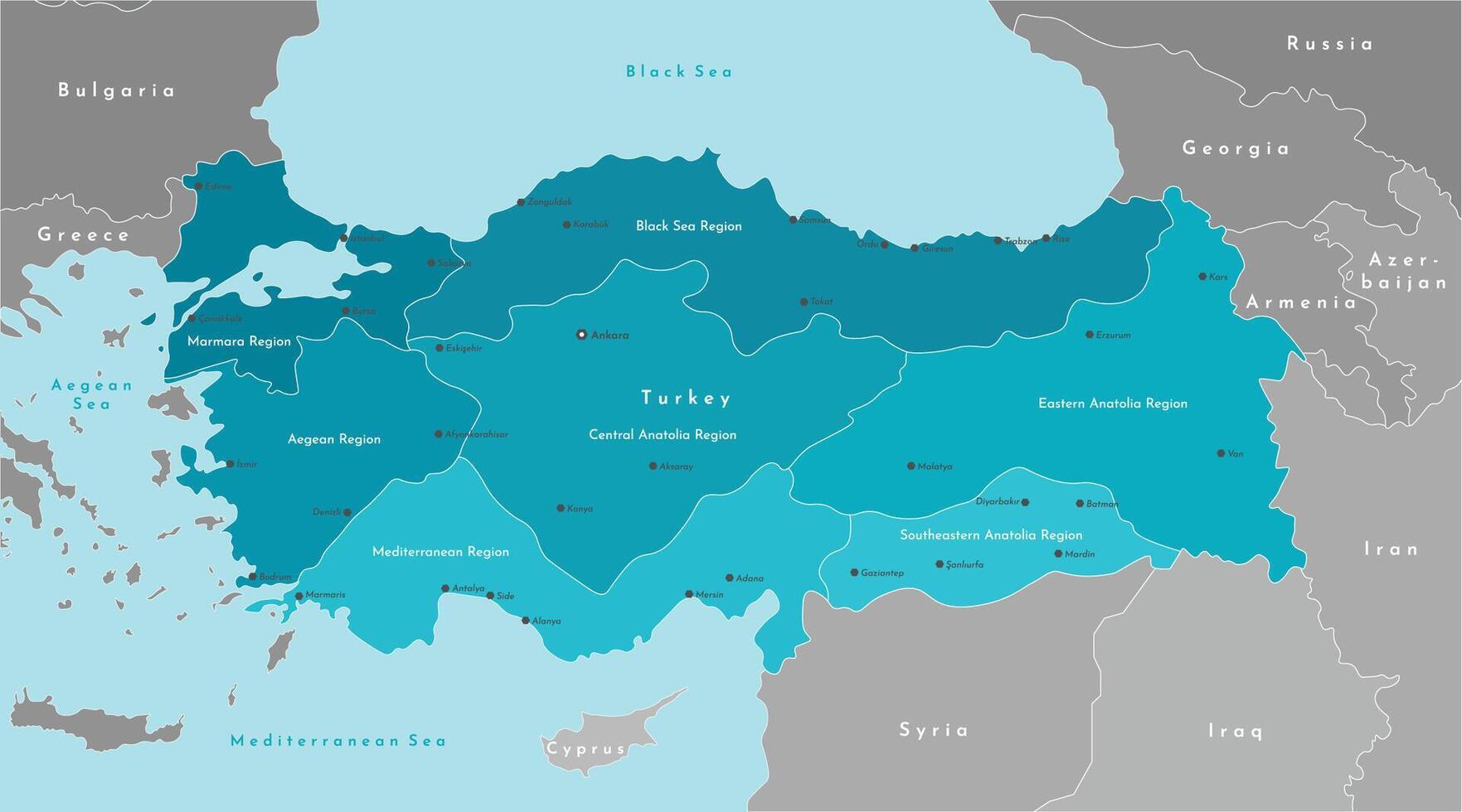 Vector modern illustration. Simplified geographical map of Turkey and nearest states Syria, Greece, Bulgaria, Iran and etc. Blue background of Black and Mediterranean Sea. Turkish cities and regions