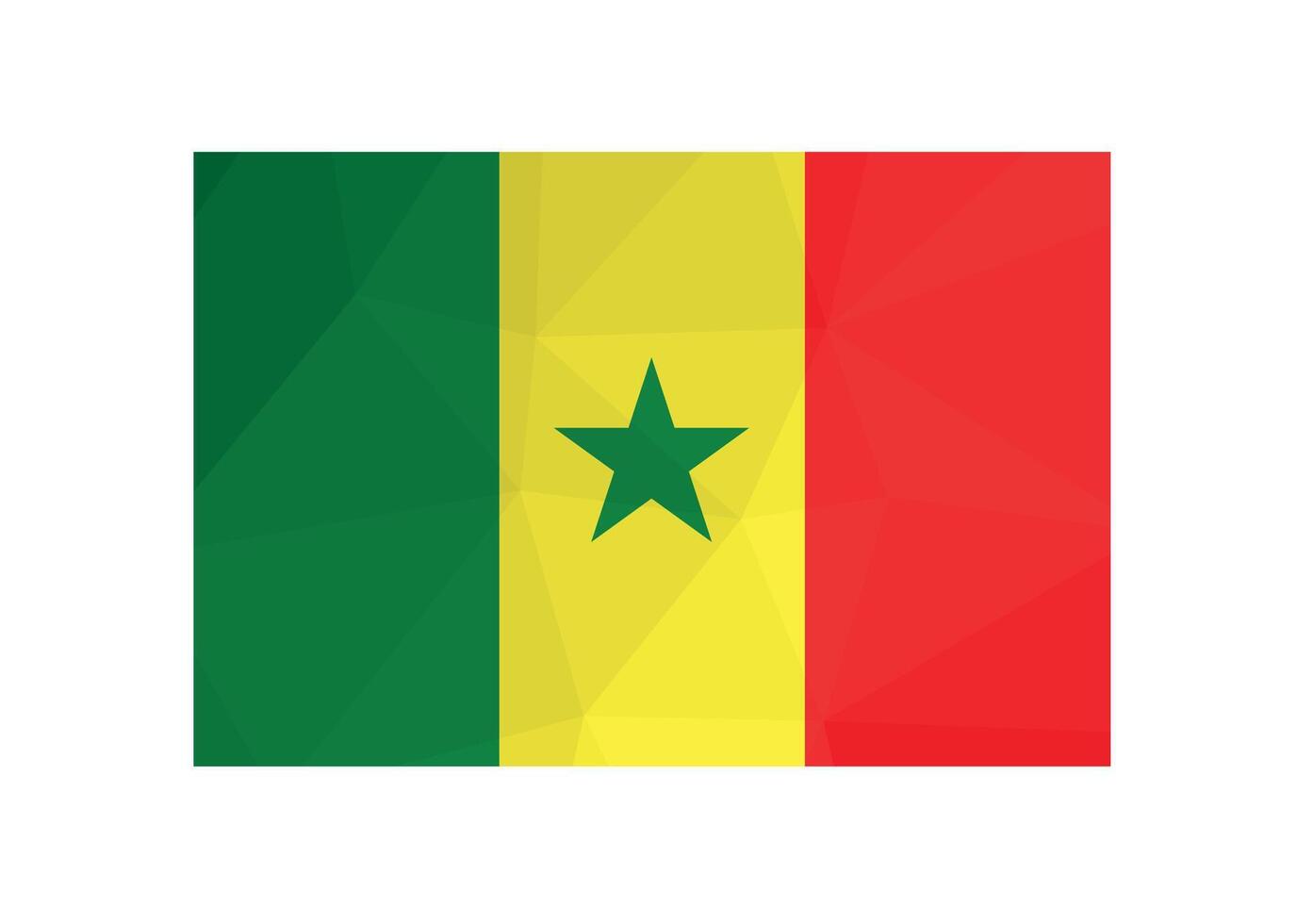 Vector illustration. Official symbol of Senegal. National flag with green, yellow, red stripes and star. Creative design in low poly style with triangular shapes.