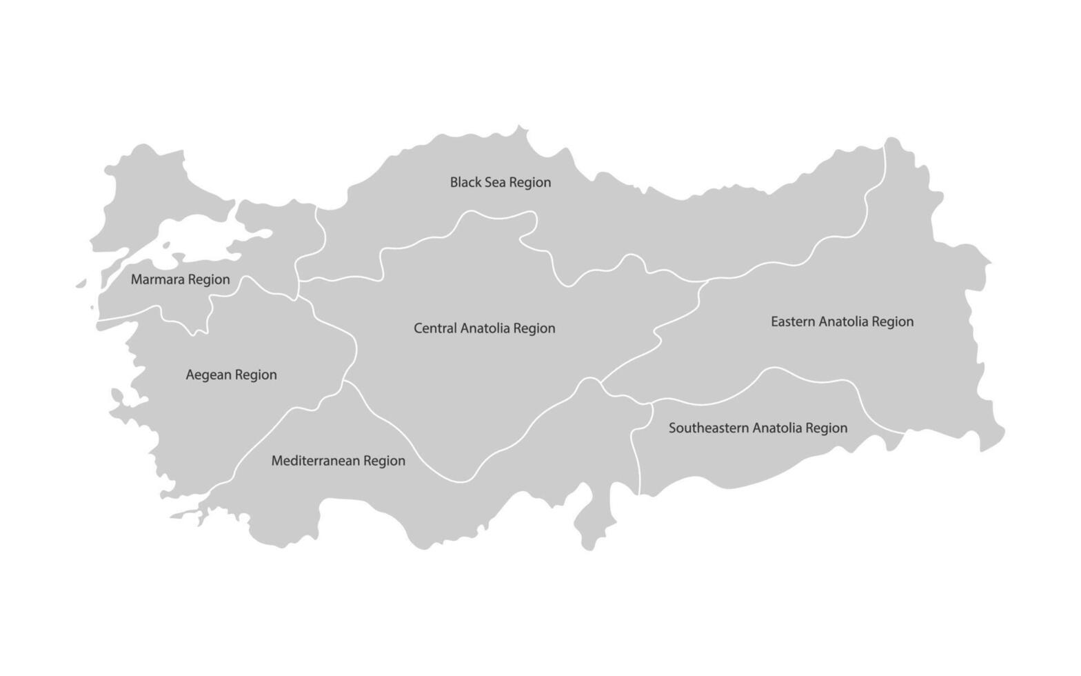 vector aislado simplificado mapa de Turquía regiones. fronteras y nombres de administrativo divisiones gris siluetas, blanco antecedentes