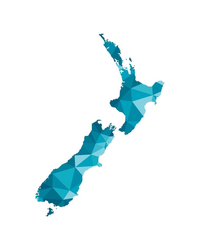 Vector isolated illustration icon with simplified blue silhouette of New Zealand map. Polygonal geometric style, triangular shapes. White background.