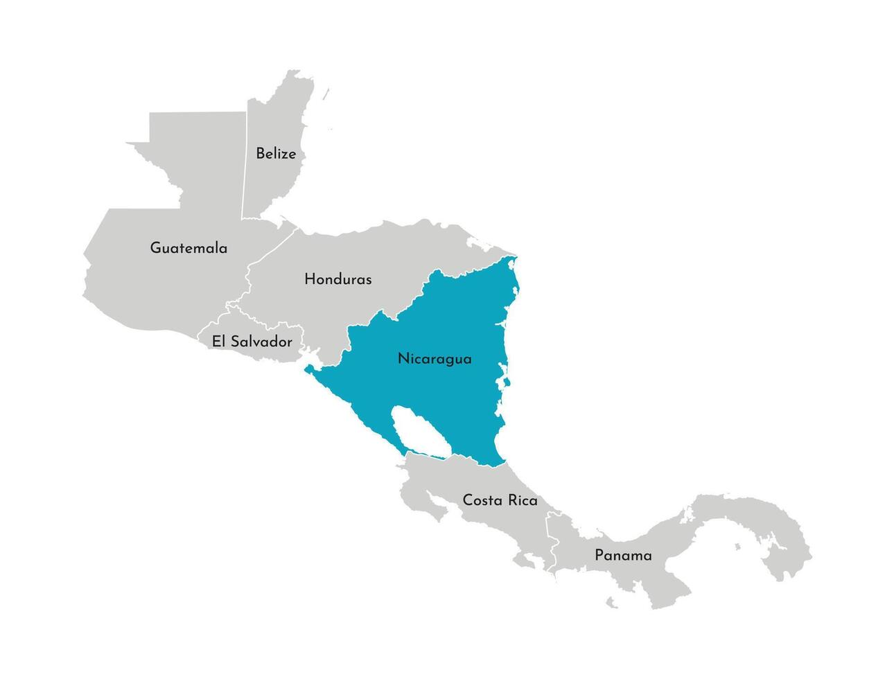 Vector illustration with simplified map of Central America region with blue contour of Nicaragua. Grey silhouettes, white outline of states' border.