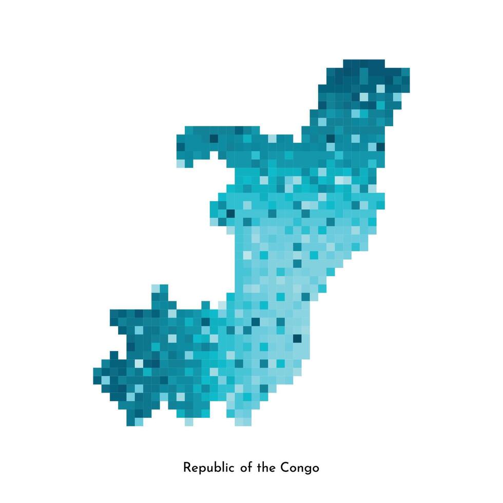 Vector isolated geometric illustration with simplified icy blue silhouette of Republic of the Congo map. Pixel art style for NFT template. Dotted logo with gradient texture for design