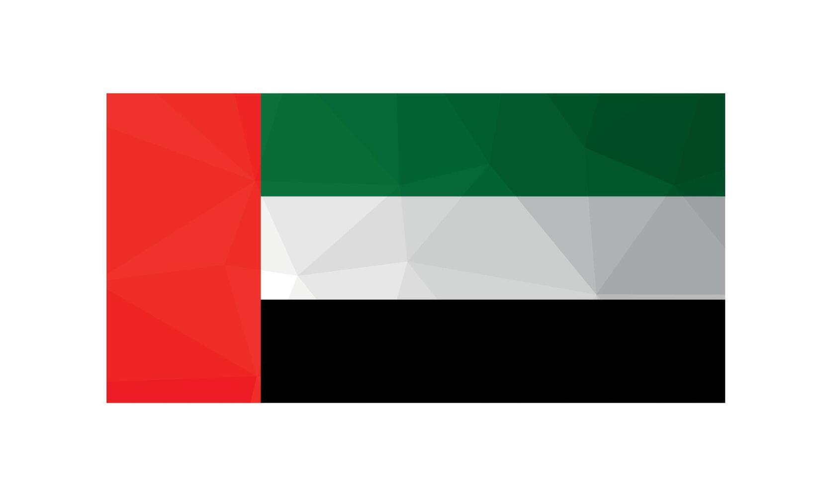 Vector illustration. Official ensign of United Arab Emirates. National UAE flag with red, green, white, black stripes. Design in low poly style with triangular shapes