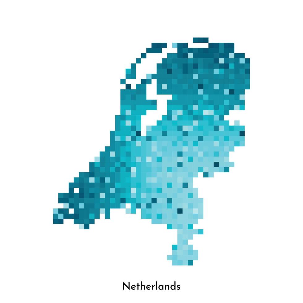 Vector isolated geometric illustration with simple icy blue shape of Netherlands map. Pixel art style for NFT template. Dotted logo with gradient texture for design on white background