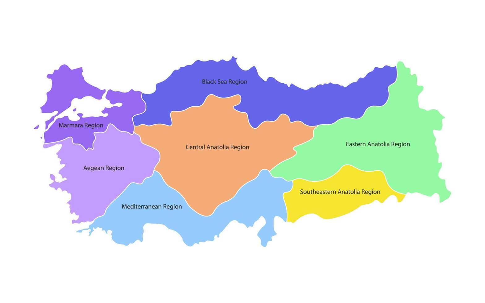 vistoso vector aislado simplificado mapa de Turquía regiones. fronteras y nombres de administrativo divisiones blanco antecedentes