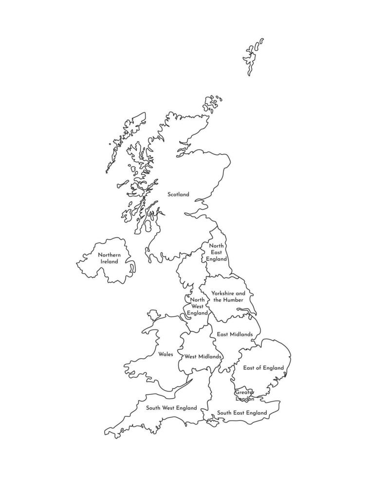 Vector isolated illustration of simplified administrative map of the United Kingdom of Great Britain and Northern Ireland. Borders and names of the regions. Black line silhouettes.