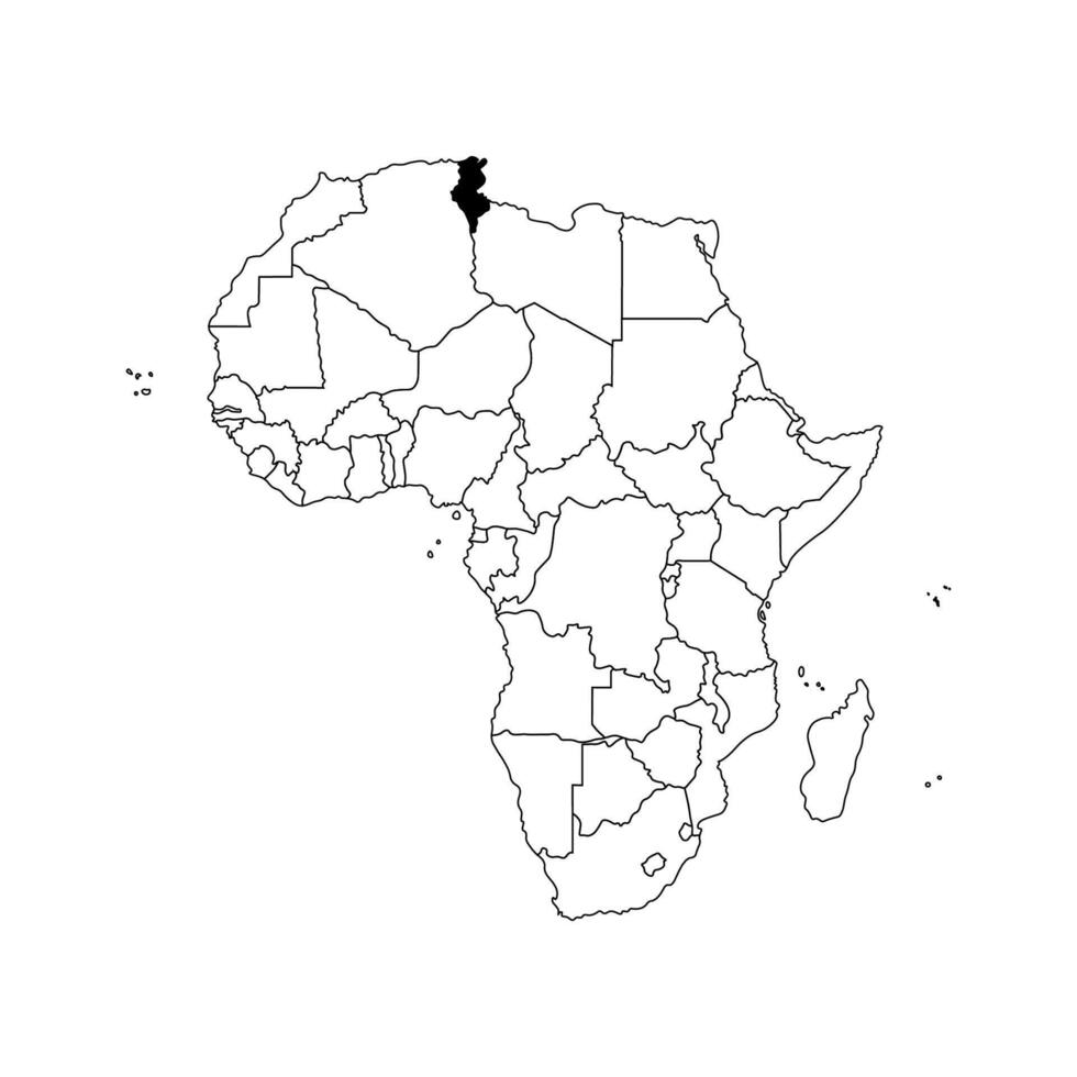 Vector isolated illustration with African continent with borders of all states. Black outline political map of Republic of Tunisia. White background