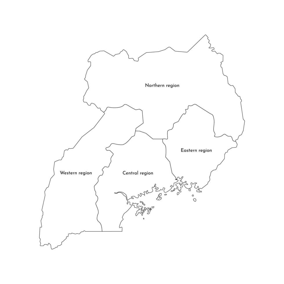 Vector isolated illustration of simplified administrative map of Uganda. Borders and names of the regions. Black line silhouettes.