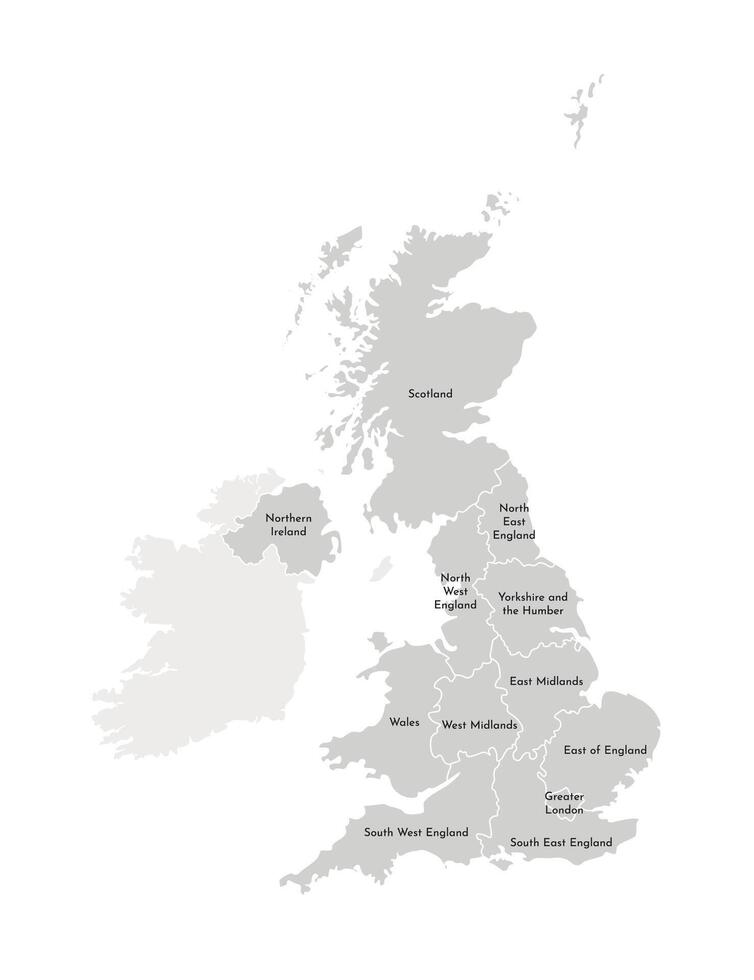 Vector isolated illustration of simplified administrative map of the United Kingdom of Great Britain and Northern Ireland. Borders and names of the regions. Grey silhouettes. White outline.