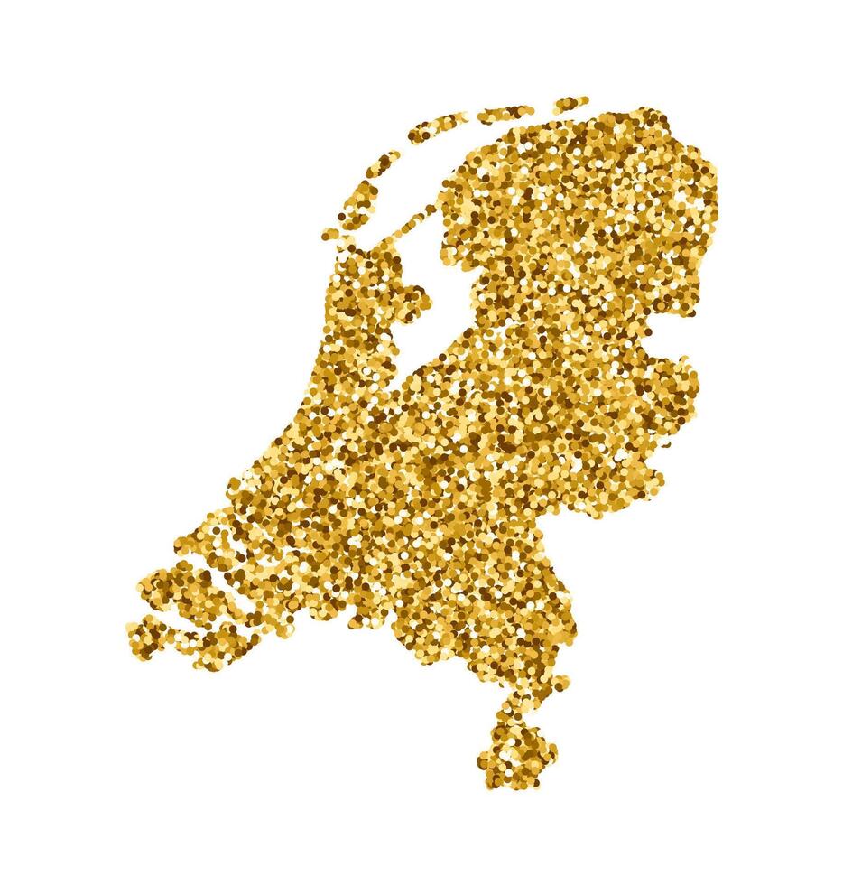 Vector isolated illustration with simplified Netherlands map. Decorated by shiny gold glitter texture. Christmas and New Year holidays decoration for greeting card.