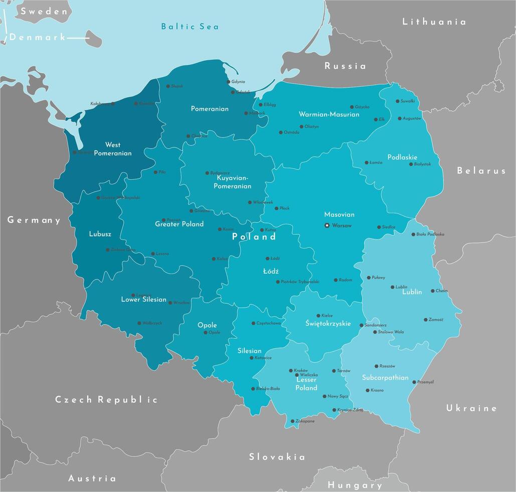 Vector modern illustration. Simplified geographical map of Poland in blue colors and neighboring countries Germany, Czech Republic, Ukraine and etc. in grey. Names of Polish cities and provinces