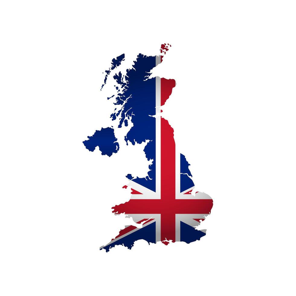Vector isolated illustration icon with silhouette of United Kingdom of Great Britain and Ireland map. National british flag with cross, red, white, blue colors. White background. Union Jack