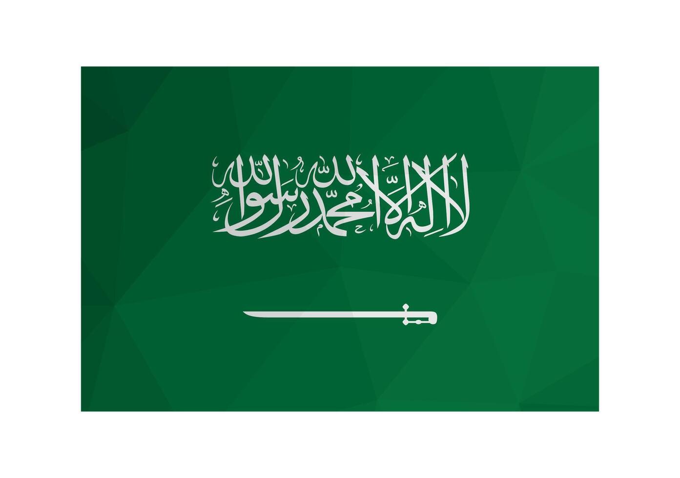 Vector illustration. Official ensign of Saudi Arabia. National flag with Arabic text shahada on green background. Creative design in low poly style with triangular shapes