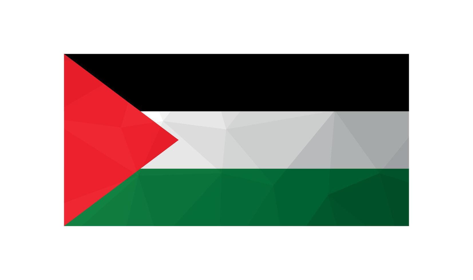 Vector illustration. Official ensign of Palestine. National flag in red, black, green and white colors. Creative design in low poly style with triangular shapes