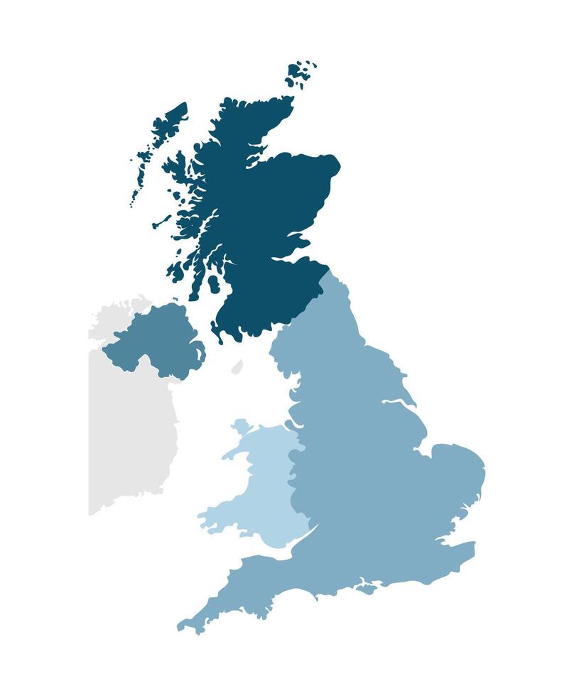 Vector isolated simplified illustration icon with blue silhouettes of United Kingdom of Great Britain and Northern Ireland provinces. Administrative division