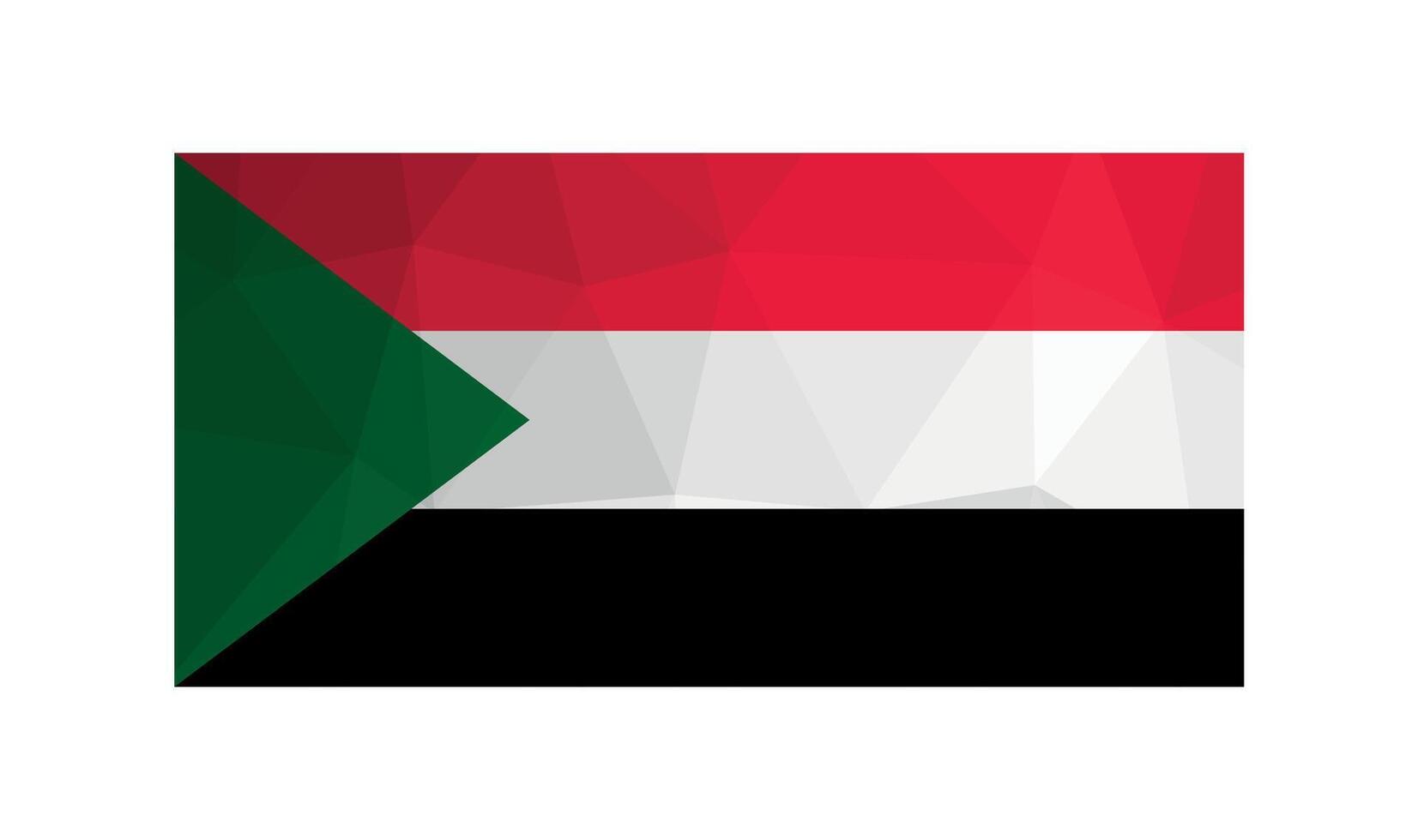 Vector illustration. Official ensign of Sudan. National flag with red, white, black stripes and green triangle. Creative design in low poly style with triangular shapes