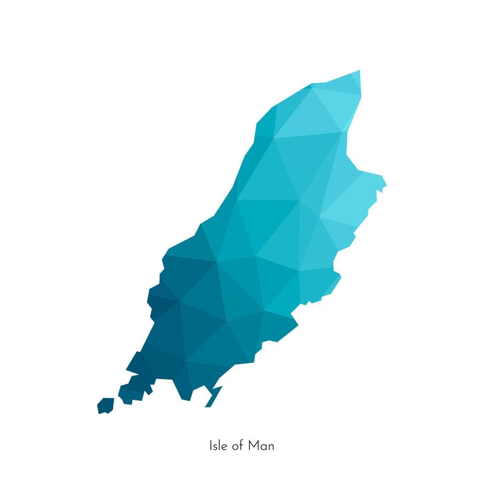 Vector isolated flat illustration with simplified low poly map of Isle of Man UK. Geometric polygonal blue shape of island Mann, self governing British Crown dependency. White background