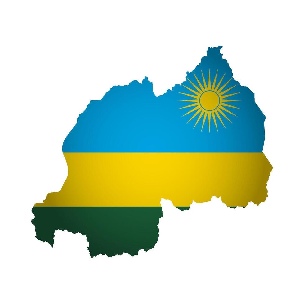 Vector isolated illustration with national flag with shape of Rwanda map simplified. Volume shadow on the map. White background