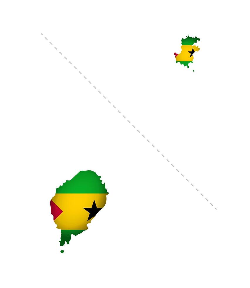 Vector isolated illustration with Sao Tome and Principe national flag with shape of this map simplified. Volume shadow on the map. White background