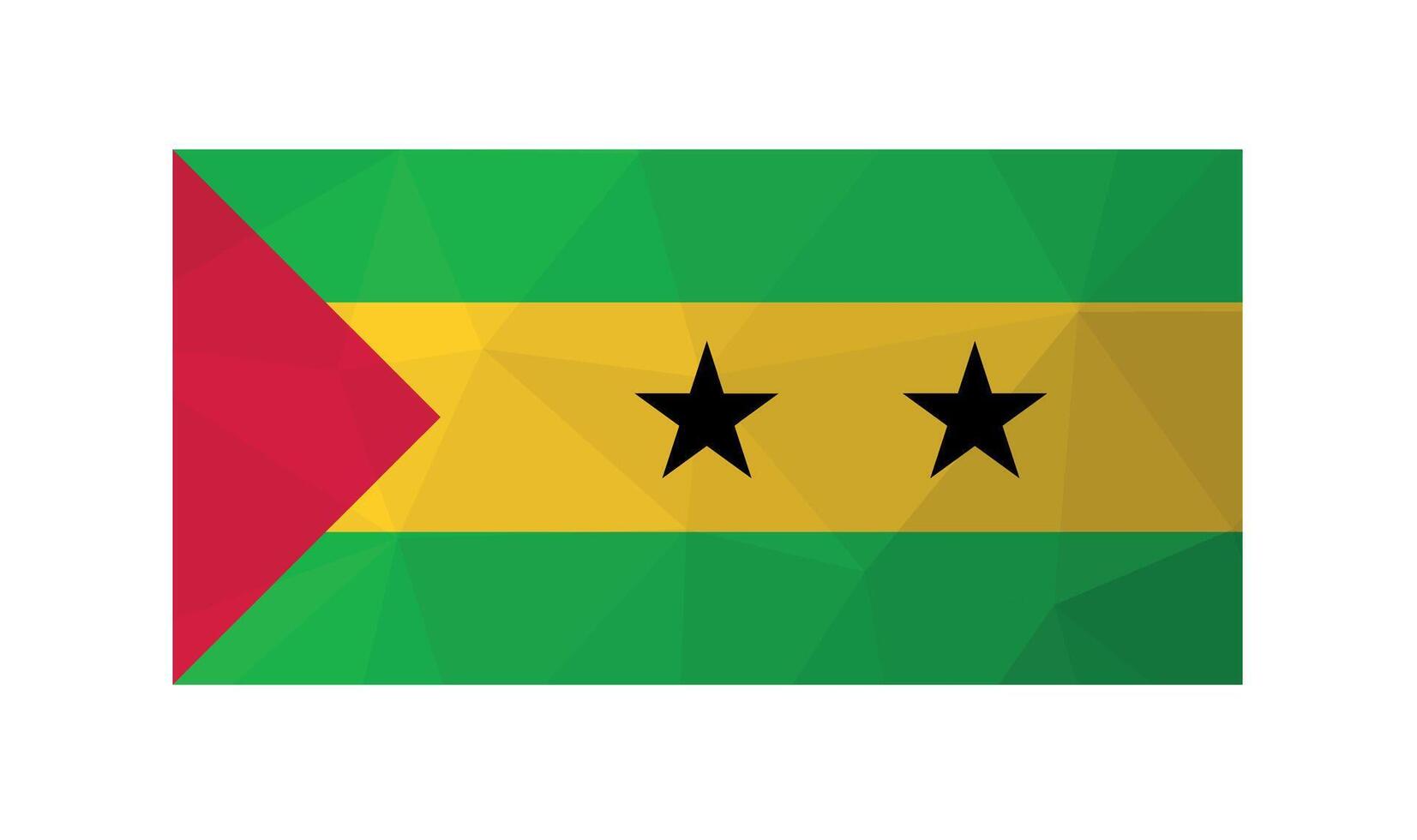 Vector illustration. Official ensign of Sao Tome and Principe. National flag with black stars and red, yellow, green colors. Design in low poly style with triangular shapes