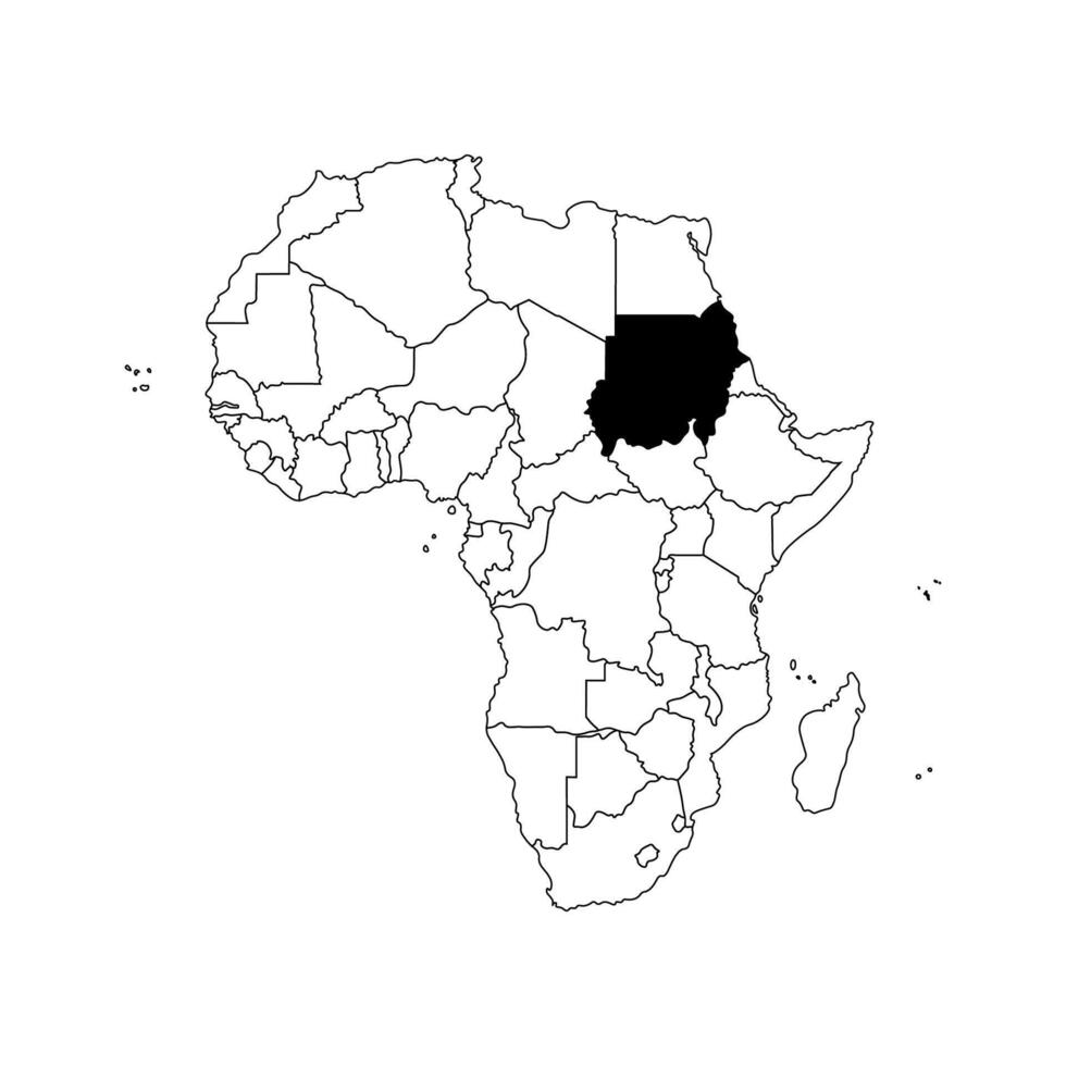 Vector isolated illustration with African continent with borders of all states. Black outline political map of Republic of Sudan. White background.