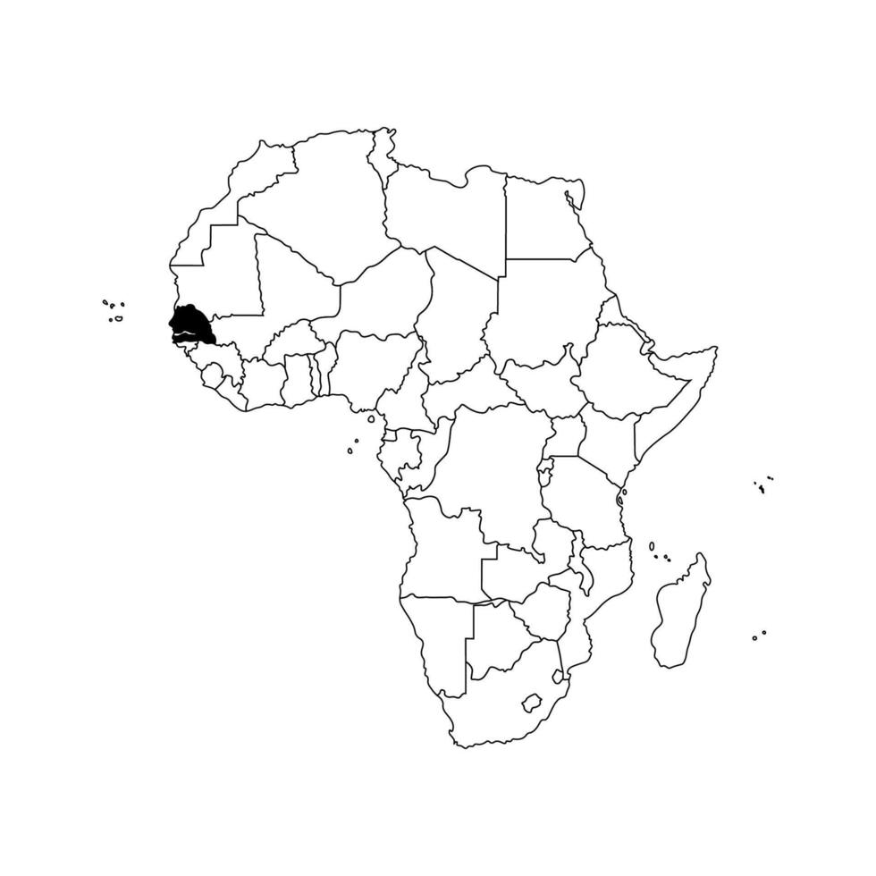 Vector isolated illustration with African continent with borders of all states. Black outline political map of Republic of Senegal. White background.