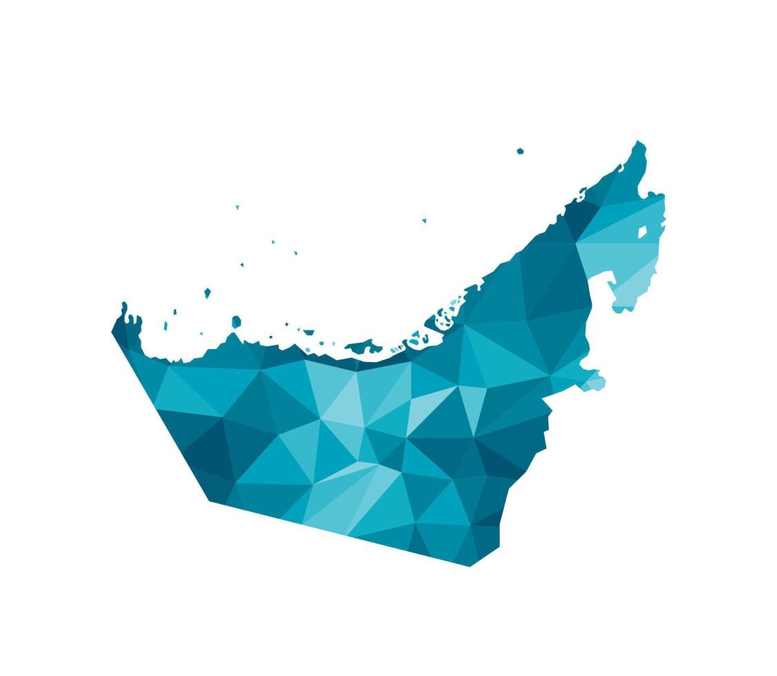 Vector isolated illustration icon with simplified blue silhouette of UAE, United Arab Emirates map. Polygonal geometric style, triangular shapes. White background.