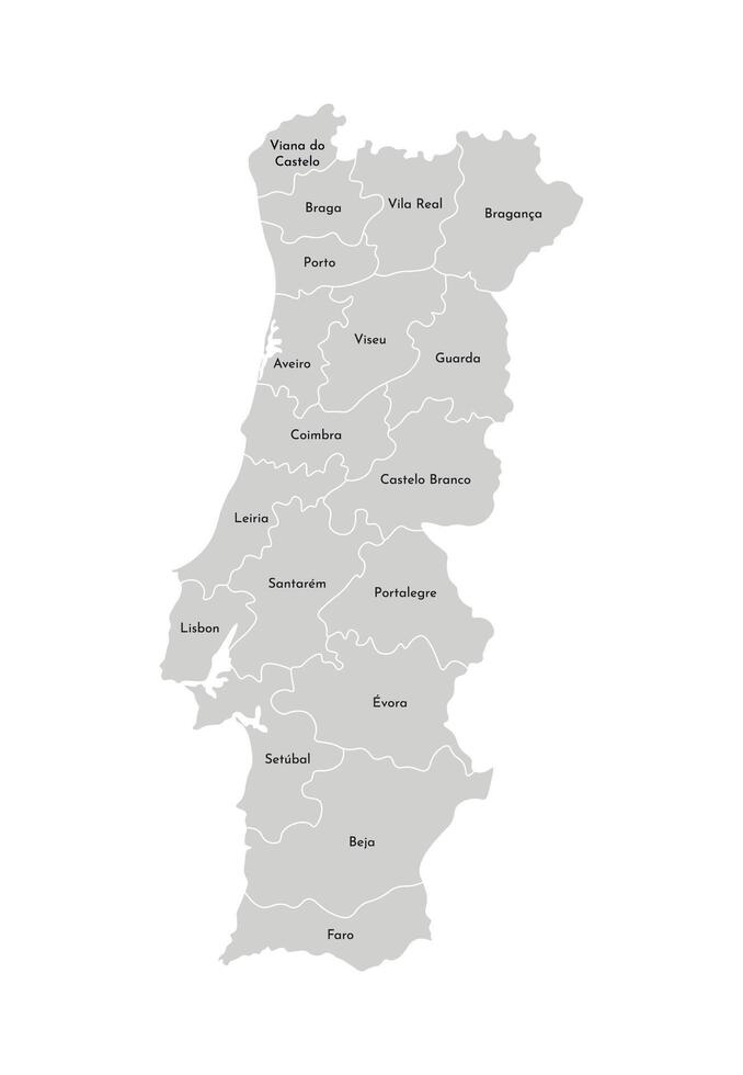 Vector isolated illustration of simplified administrative map of Portugal. Borders and names of the provinces, regions. Grey silhouettes. White outline.