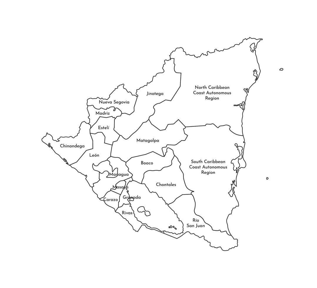 Vector isolated illustration of simplified administrative map of Nicaragua. Borders and names of the departments, regions. Black line silhouettes.