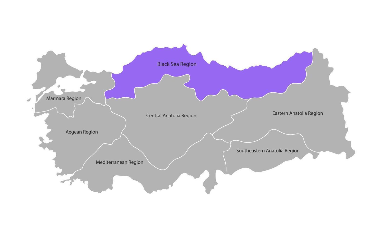 vector aislado simplificado mapa de Turquía regiones. marcado negro mar región. fronteras y nombres de administrativo divisiones gris siluetas, blanco antecedentes