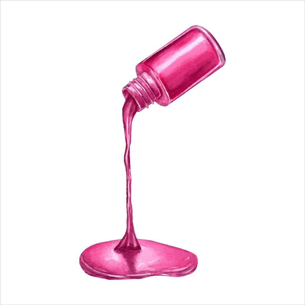 Pink nail polish spilled from the bottle. Drop, stain, splash. Shiny spill puddle. Nail polish flow. Watercolor realistic illustration. Beauty and cosmetics, manicure, for design. vector