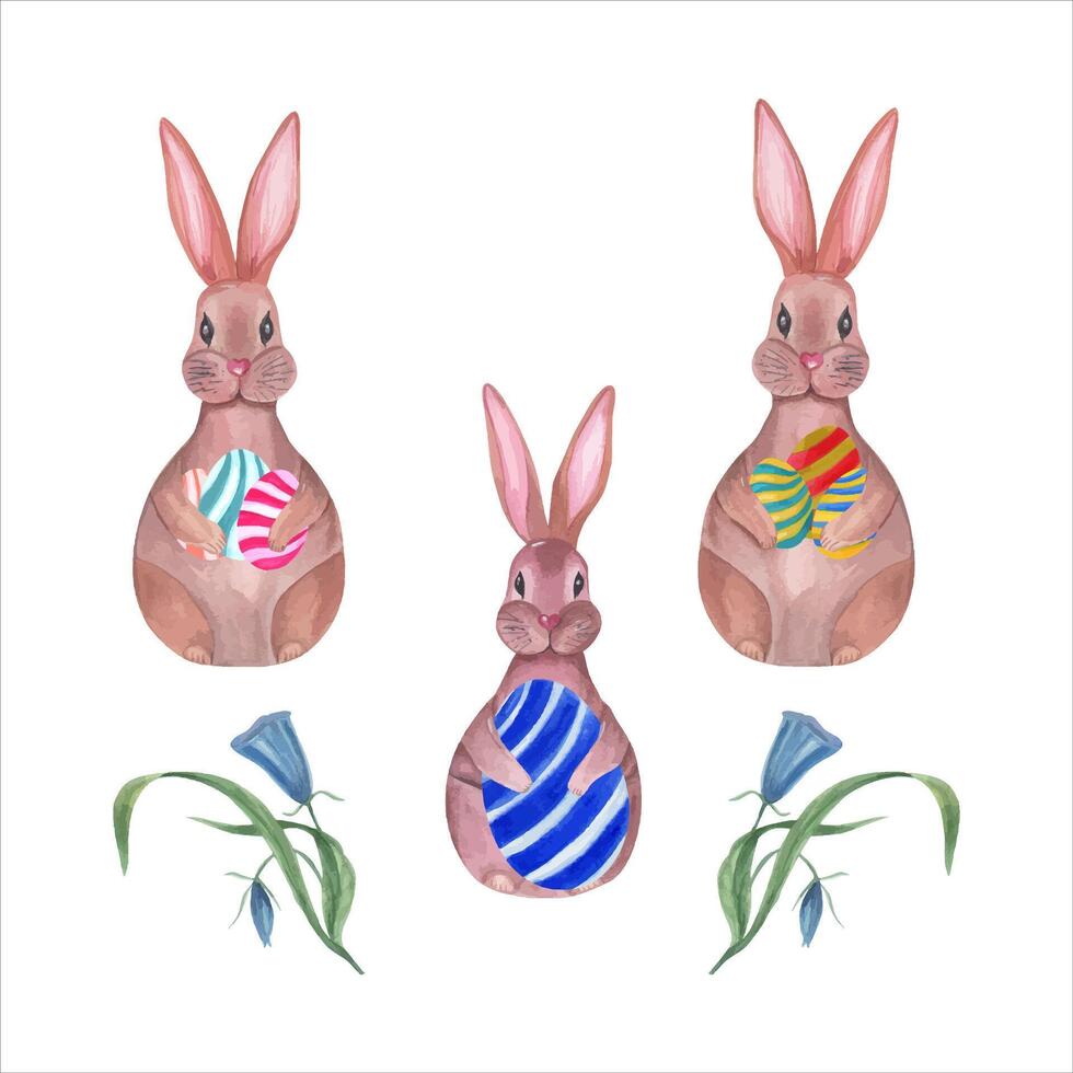Set of watercolor easter hares, eggs and leaves. Hand drawn illustration for wallpaper, print, scrap, banner design, postcards, template vector