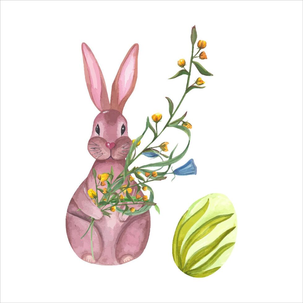 Set of watercolor easter hare with flower, egg. Hand drawn illustration for wallpaper, print, scrap, banner design, postcards, template vector