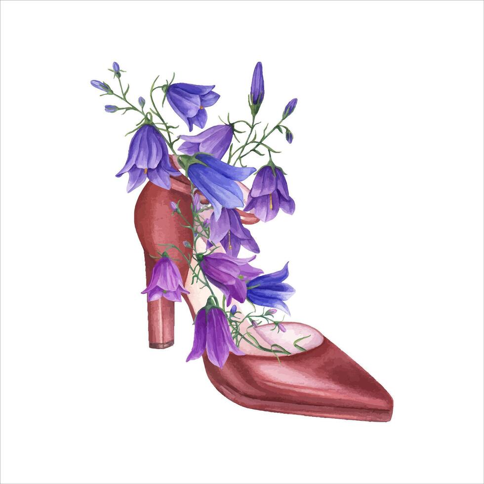 linda ramo de flores de margaritas y salvaje avena en elegante mujer zapatos. terracota cuero mujer Zapatos con alto tacones, prado flores silvestres acuarela ilustración vector