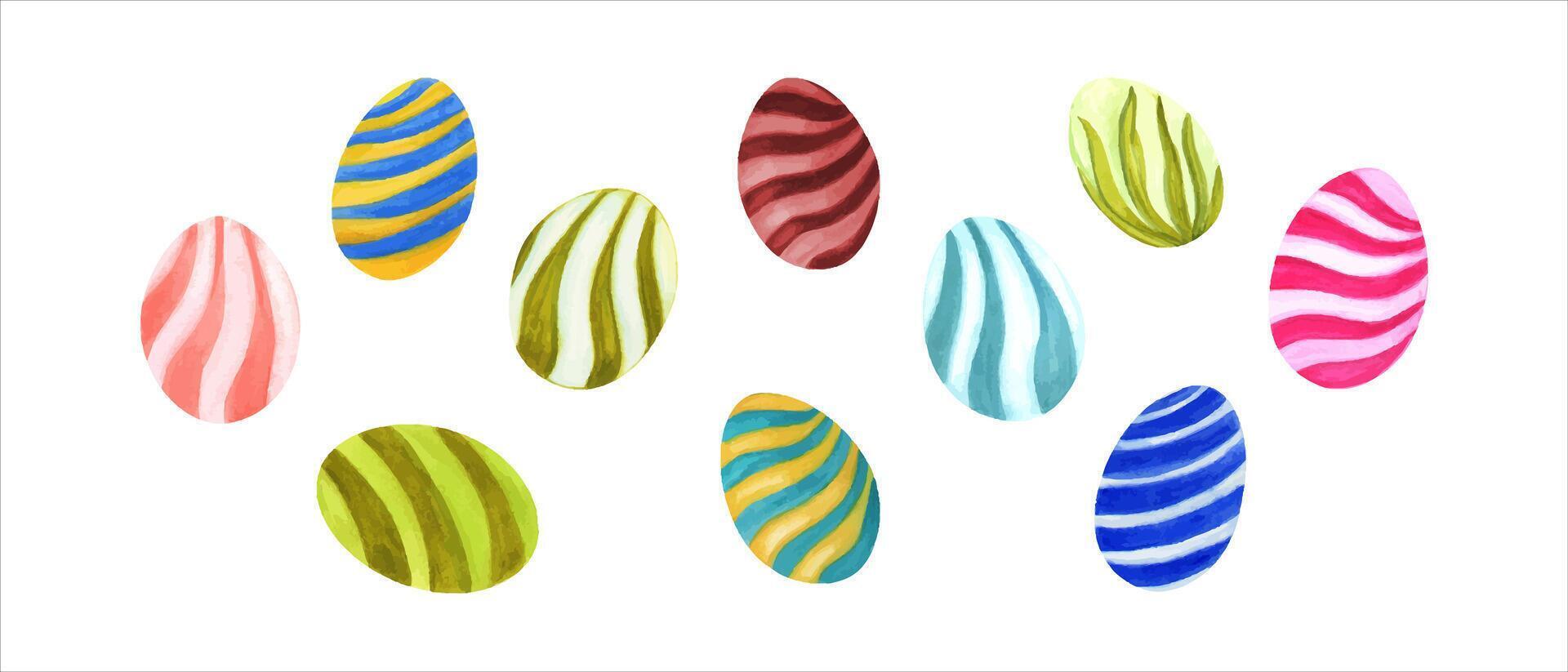 Easter Eggs. Set of colorful striped eggs. Watercolor illustration. Elements for eastern decoration vector