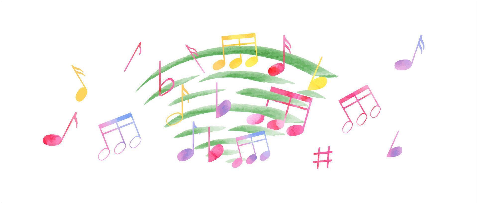 Composition with multicolored music notes. Notes flying through the waves of music. Rainbow color of note symbols. Watercolor illustration in classic style. Clip art for postcard design. vector