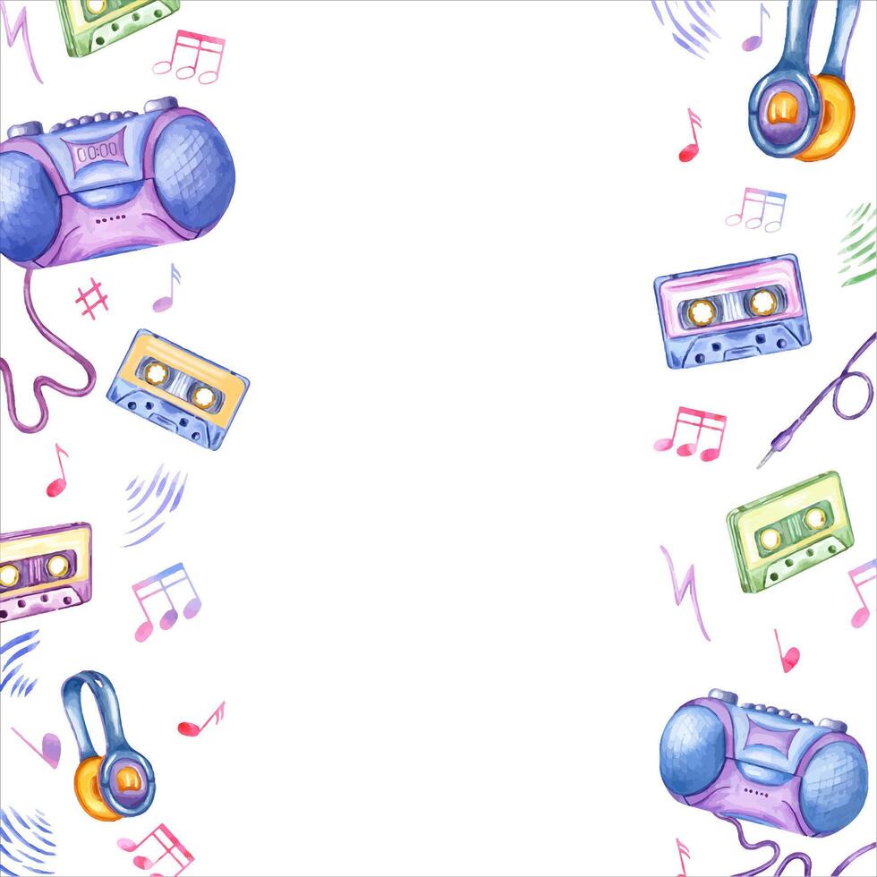 Wired headphones. Audio cassette. Tape recorder. Sounds of music and musical notes. Music frame with copy space for text. Color watercolor illustration. Nostalgia for the 90s vector