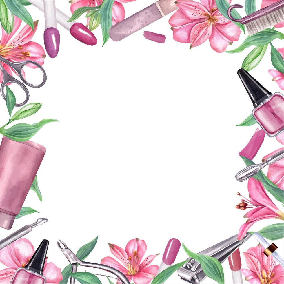 Manicure tools, nail polish, splashes among tropical flowers. Square frame with copy space. Nail file, cream, nail buffer, cuticle pusher, cuticle trimmer for beauty. Watercolor illustration. vector