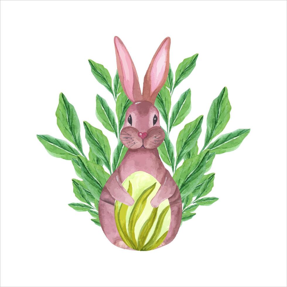 Set of watercolor easter hare, egg and leaves. Hand drawn illustration for wallpaper, print, scrap, banner design, postcards, template vector