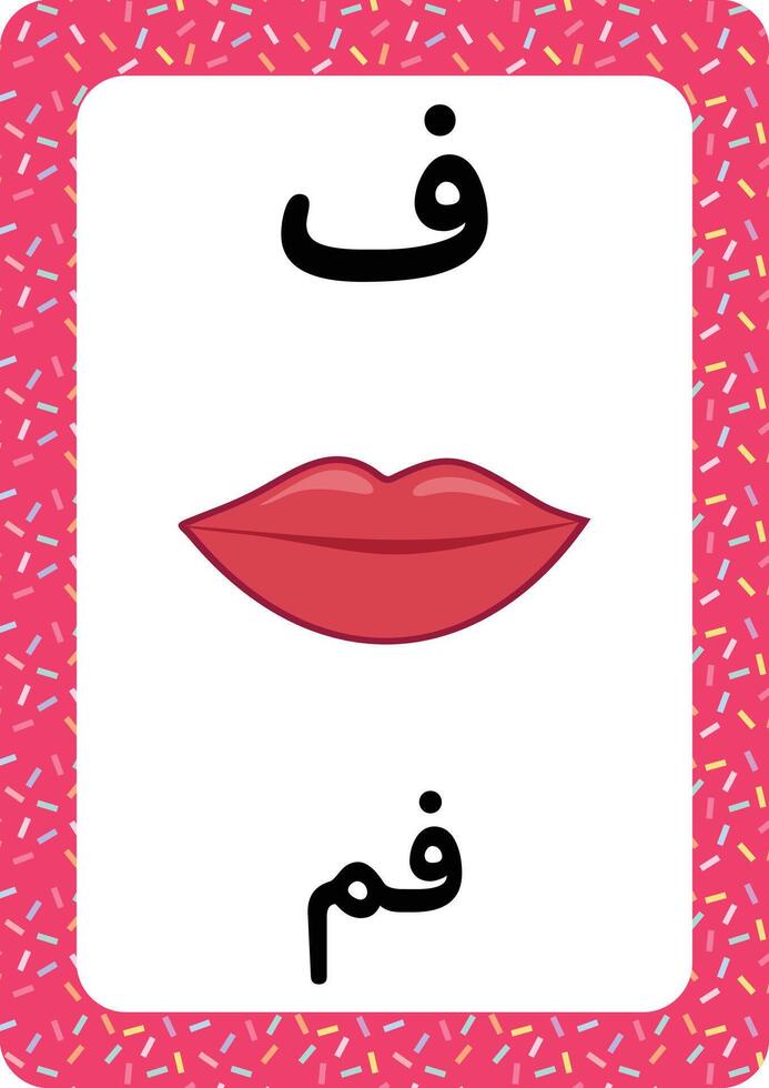 Printable Arabic alphabet letter flashcard. learning the Arabic Language. Mouth cartoon. vector