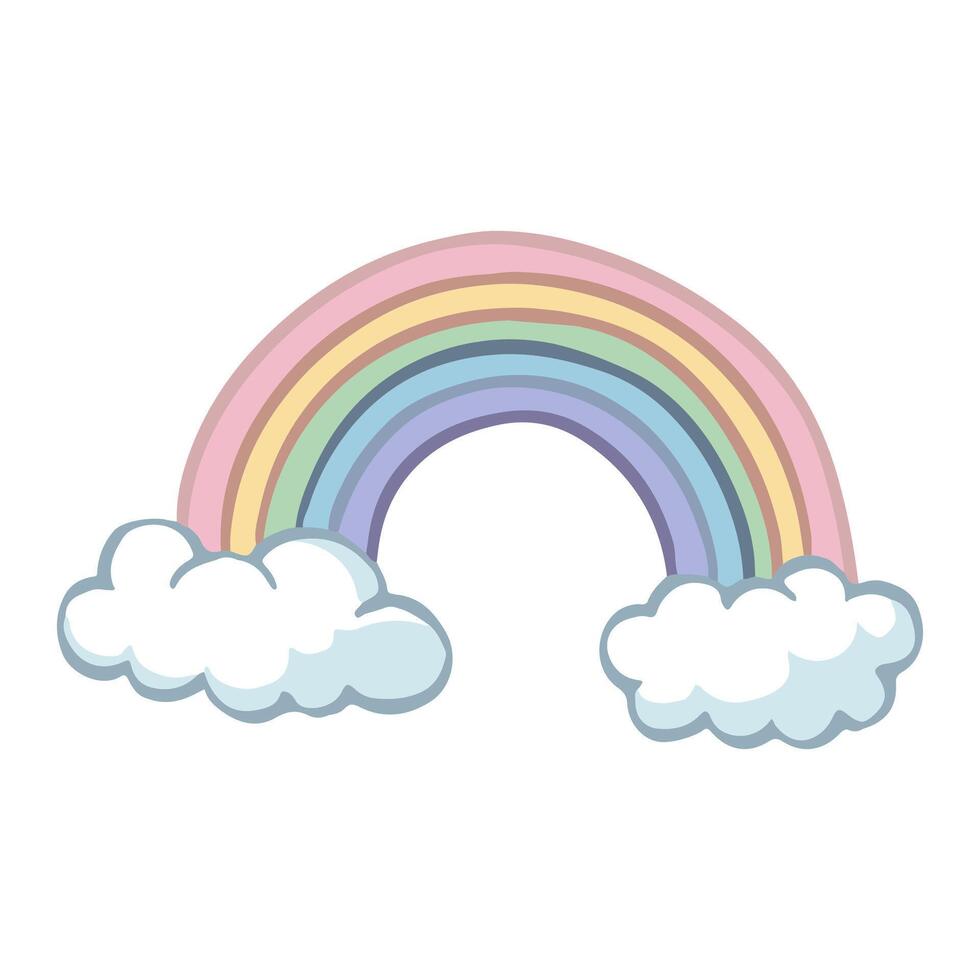 A colorful rainbow arcs across a flat gray background, with puffy white clouds at either end. vector